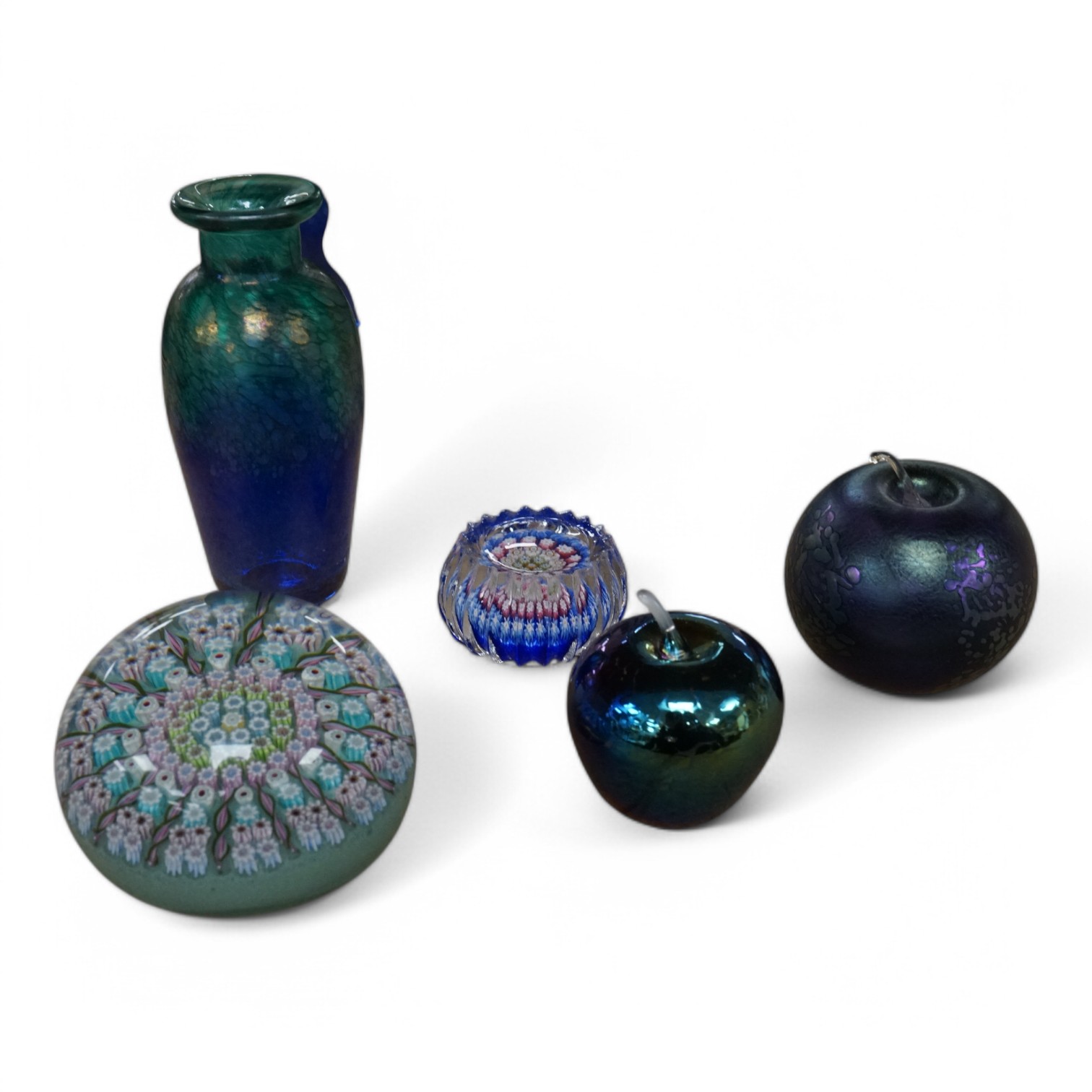 A small Glasform ‘apple’ paperweight, another signed ‘apple’ scent bottle, two millefiori paperweights and a small glass vase signed ‘Andrew Sanders’, 11cm. Condition - good